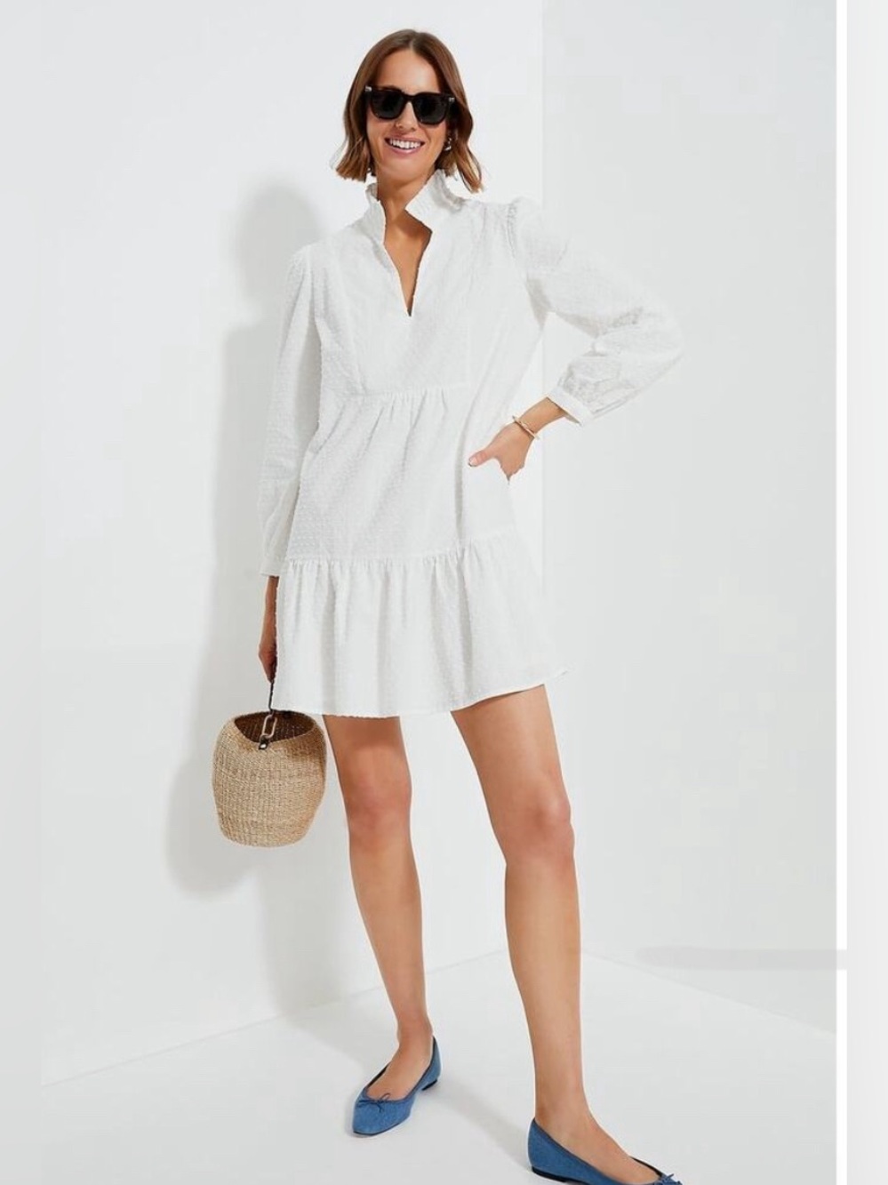 Tuckernuck white Textured Long-Sleeve Mini Dress 100% Cotton size Small
